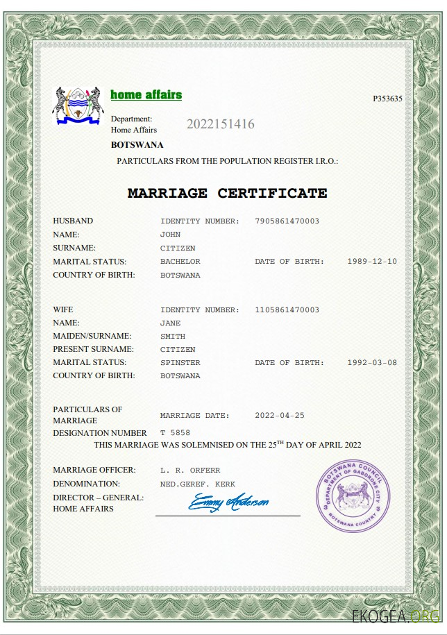 Modèle Word et PDF d'acte de mariage du Botswana